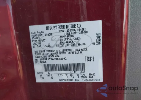 2005 Ford F-150 Stx/Xl/Xlt из США, поврежденный, VIN 1FTRF12265KE73892